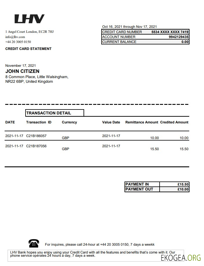 Relevé bancaire du Groupe LHV Royaume Uni au format Excel et PDF